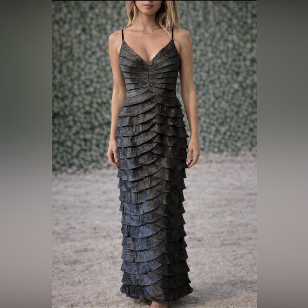 Adrianna Papell Dress Pewter Bronze 14 Maxi Formal Wedding Party Cruise
